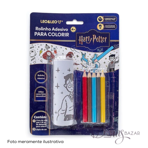 Rolinho Adesivo Para Colorir Harry Potter Blister + 5 Lápis de Cor - Leo e Leo