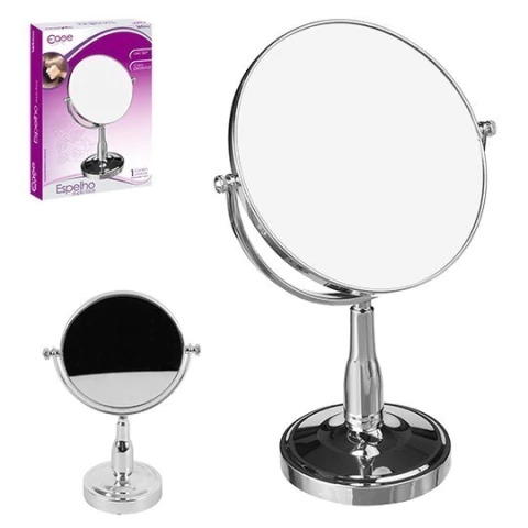 Espelho de Mesa Redondo Duas Faces e Segunda Face Ampliadora Com Base de Plástico Cromado Inox 9,5cm - Wellmix