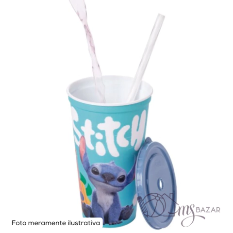 Copo de Plástico Decorado Stitch Com Canudo de 500ml - Plasútil