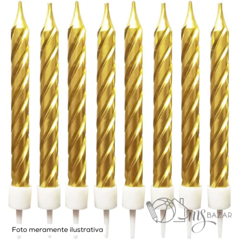 Vela Para Aniversário Espiral Metalizada Com 8 Dourada 8cm - Make +