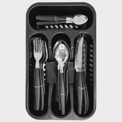Conjunto de Faqueiro 24 Peças Kit de Talheres em Inox Brinde Organizador de Gaveta Preto - Wincy
