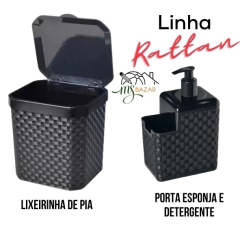 Conjunto de Porta Detergente Com Dosador e Esponja + Lixeira de Pia Plástica Rattan Preto - Arqplast