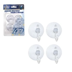 Gancho Adesivo de Parede Transparente Multiuso em Borracha e Gancho Metal Com 4 Peças - 123 Útil