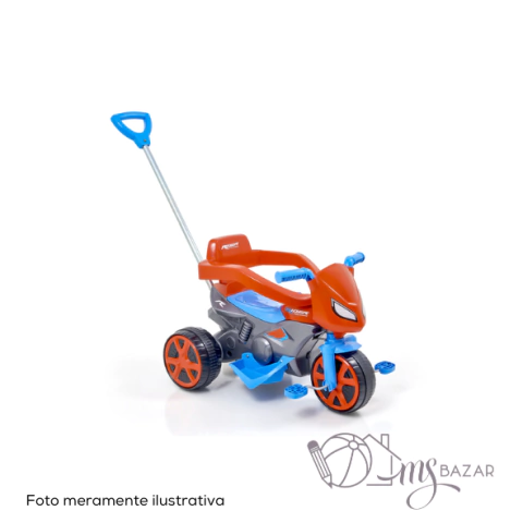 Triciclo Infantil Moto Rider Azul e Vermelho Com Empurrador - Usual Brinquedos