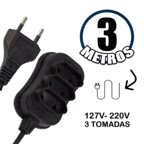 Extensão Elétrica 3 Metros Paralela 3 Divisões Bipolar 2 Pinos Bivolt 10A - Jetcon