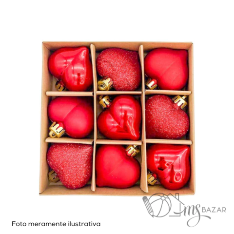 Conjunto de Enfeite Natalino Corações Decorados Com Glitter 9 Peças de 4,5cm - Wincy