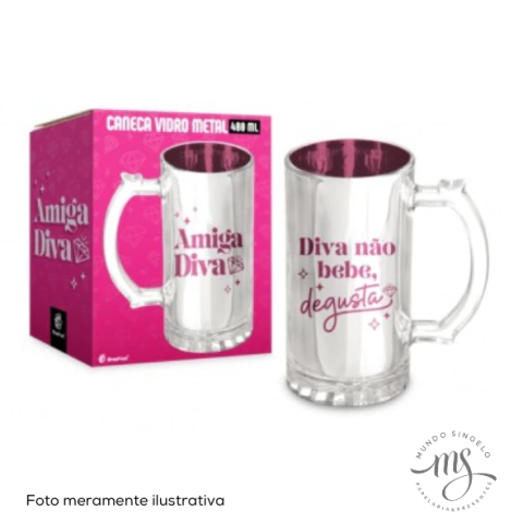 Caneca de Vidro Metalic 480ml Tema Diva Não Bebe Degusta - Brasfoot