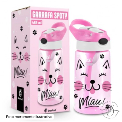 Garrafa Com Canudo Silicone Infantil Spoty Cat 480ml - Brasfoot Presentes