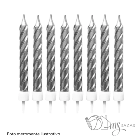Vela Para Aniversário Espiral Metalizada Com 8 Prata 8cm - Make +