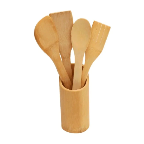 Conjunto de Utensílios em Bambu Com 5 Peças 4 Talheres e 1 Suporte - Kehome