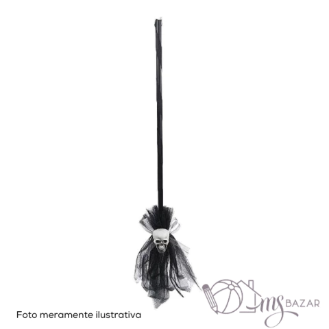 Vassoura de Bruxa Com Mini Caveira 85cm - Pica Pau