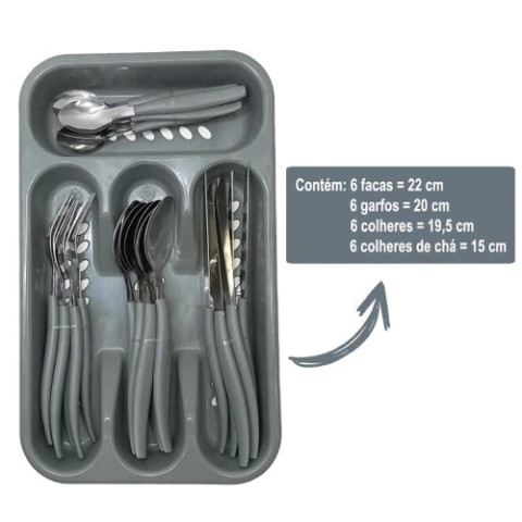 Conjunto de Faqueiro 24 Peças Kit de Talheres em Inox Brinde Organizador de Gaveta Cinza - Wincy