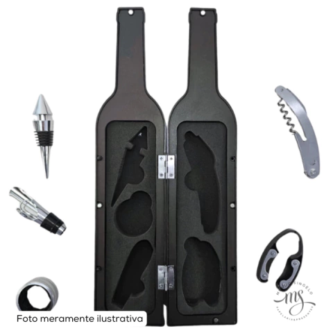 Kit Para Vinho 5 Peças Estojo em Formato de Garrafa - Wellmix