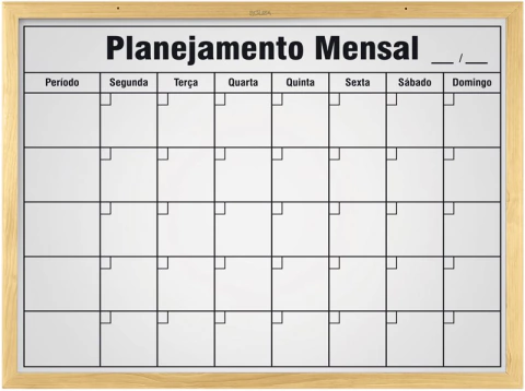 Quadro Branco Planejamento Mensal Com Moldura em Madeira Pinus 90X60cm - Souza