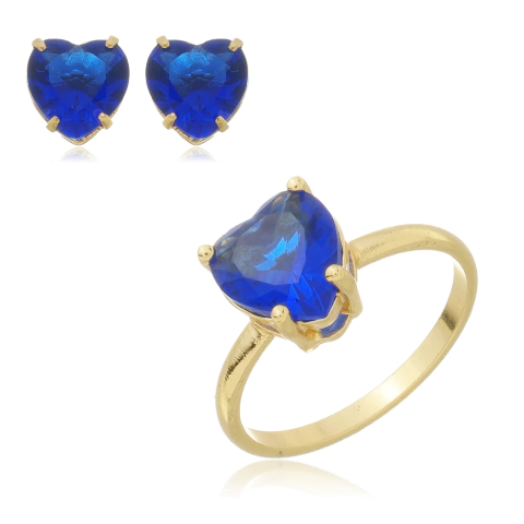 Conjunto Anel e Brinco Coração com Zircônia Azul Royal Ouro