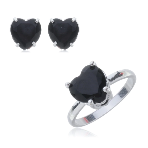 Conjunto Anel e Brinco com Zircônias Preta Prata