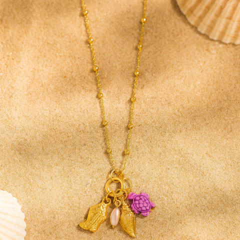 Colar Patuá Lilás Tartaruga, Peixe e Concha