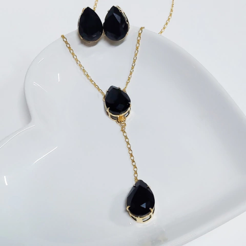 Conjunto Zircônia Preto Ouro
