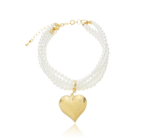 Pulseira de Pérolas com Coração Ouro