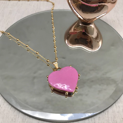 Colar de Bolinhas com Coração Rosa Ouro