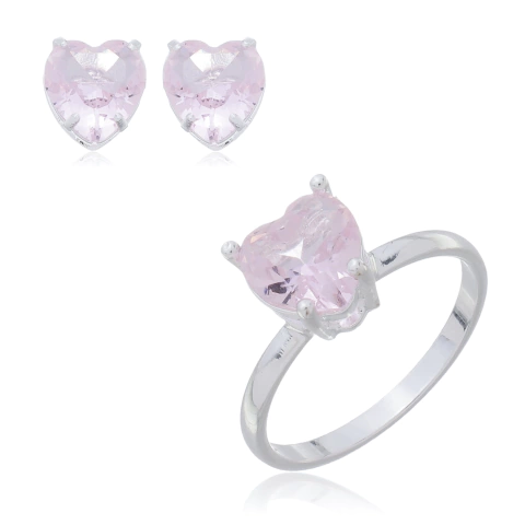 Conjunto Anel e Brinco Coração com Zircônia Rosa Prata