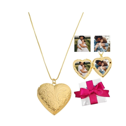 Colar Relicário Coração com Arabescos Ouro