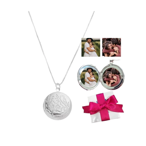 Colar Relicário Redondo Flor Prata