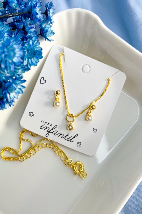 Conjunto Pérola Infantil Banhado a Ouro 18k