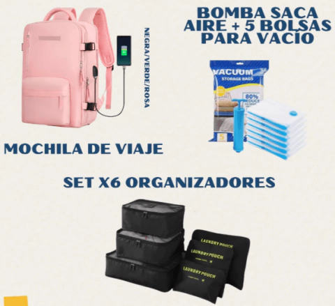 COMBO Mochila de Viaje + Bomba de Aire + 5 bolsas + Set Organizadores x6 - comprar online