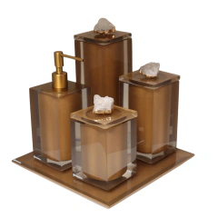 Conjunto Banheiro Quadrado Pedra Cristal Dourada c/ Bandeja - Cristal Ouro