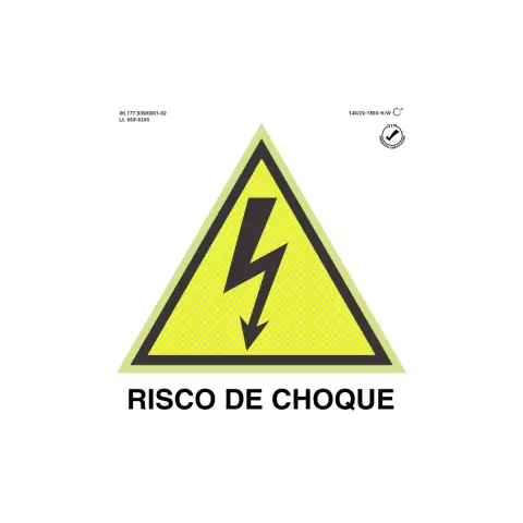 Placa de sinalização fotoluminescente triangular com o texto "Risco de Choque" e símbolo de eletricidade.