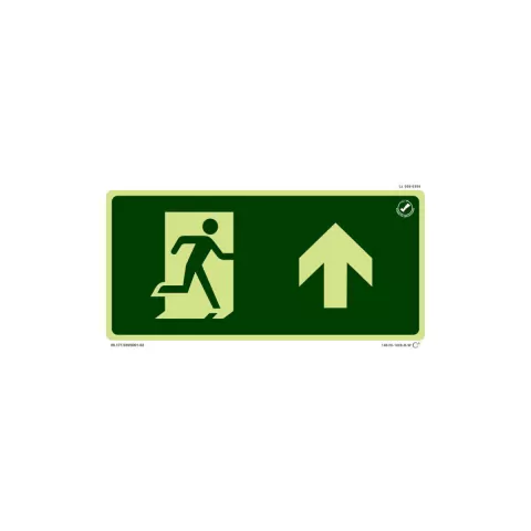 Placa de sinalização fotoluminescente indicando a rota de fuga com símbolo de uma pessoa correndo em direção à saída.