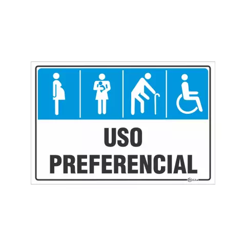 Placa de sinalização com o texto "USO PREFERENCIAL" e ícones representando grupos prioritários, como gestantes, mães com crianças, idosos e pessoas com deficiência.