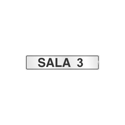 Placa de sinalização indicando "SALA 3" em alumínio.