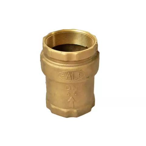 Válvula de retenção vertical em bronze, utilizada em sistemas de combate a incêndio, com rosca interna e marcação de pressão PN-16.