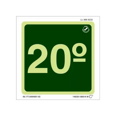 Placa de sinalização fotoluminescente indicando o 20º andar, com fundo verde e números em destaque.