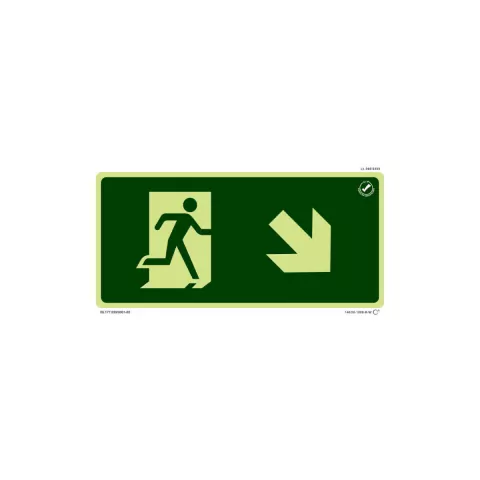 Placa de sinalização fotoluminescente indicando rota de fuga para baixo à direita, com ícone de pessoa correndo.