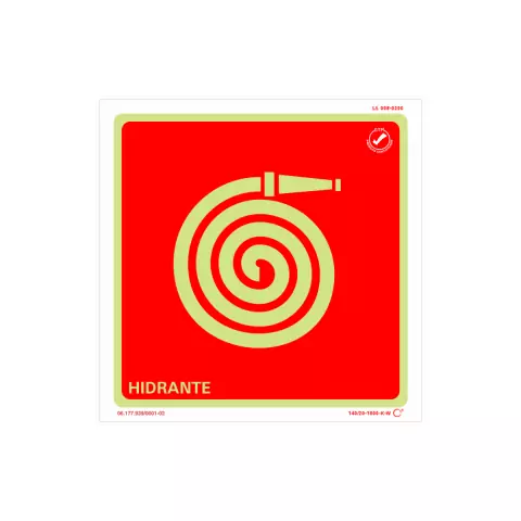 Placa de sinalização de abrigo de mangueira de incêndio, com fundo vermelho e símbolo de mangueira em verde, indicando a localização do hidrante.