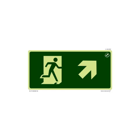 Placa de sinalização fotoluminescente indicando a rota de fuga para a direita, com ícone de pessoa correndo em direção a uma porta.