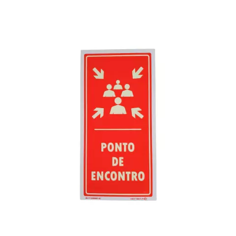 Placa de sinalização fotoluminescente indicando o ponto de encontro em caso de emergência, com ilustrações de pessoas e setas direcionais.