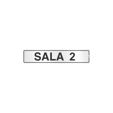 Placa de sinalização indicando "SALA 2" em alumínio, com fundo branco e texto em preto.