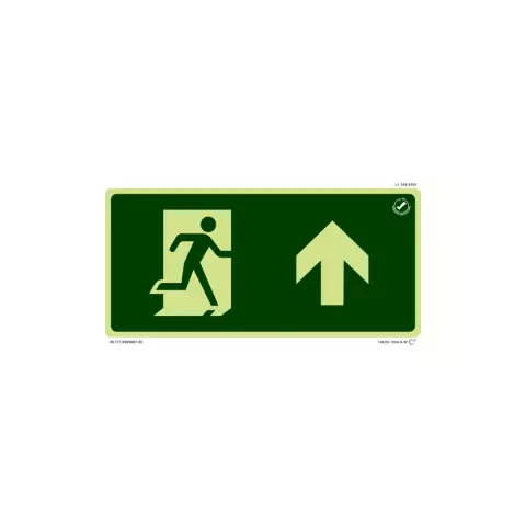 Placa de sinalização fotoluminescente indicando rota de fuga, com figura de uma pessoa saindo por uma porta e seta apontando para cima.