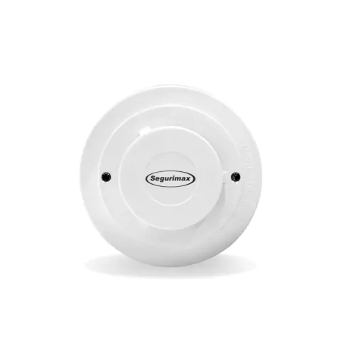 Detector óptico de fumaça branco da marca Segurimax, com design circular e detalhes em preto.