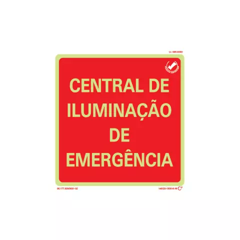 Placa de sinalização central de iluminação de emergência com fundo vermelho e texto em amarelo.