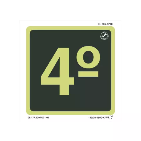 Placa de sinalização fotoluminescente indicando o 4º andar, com fundo escuro e borda clara.