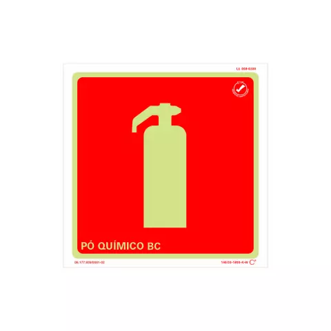 Placa de sinalização fotoluminescente indicando extintor de pó químico BC, com fundo vermelho e símbolo de extintor.