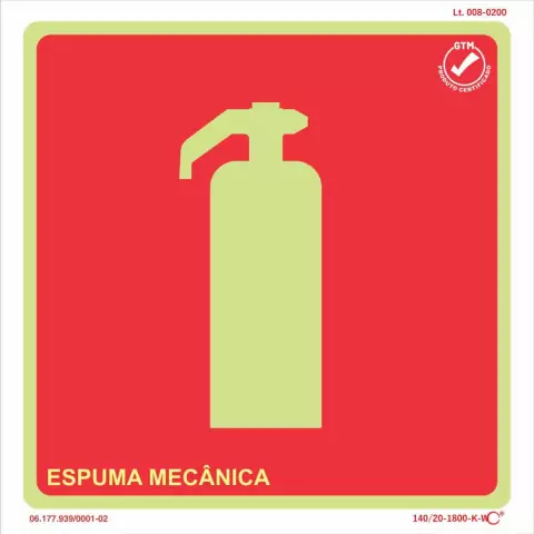 Placa de sinalização fotoluminescente de extintor de espuma mecânica, com fundo vermelho e ícone de extintor em amarelo.