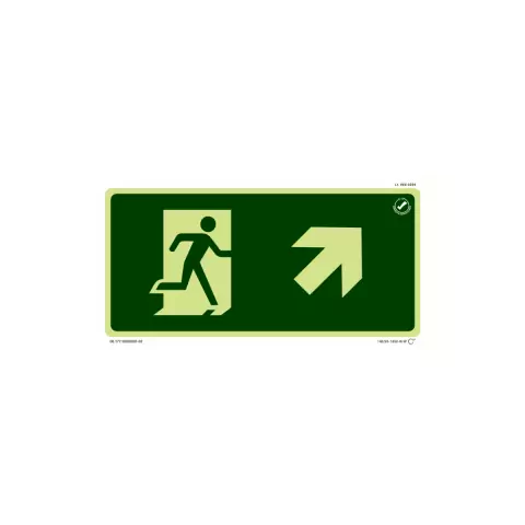 Placa de sinalização fotoluminescente indicando rota de fuga para a direita, com ícone de pessoa correndo e uma seta apontando para a direção.