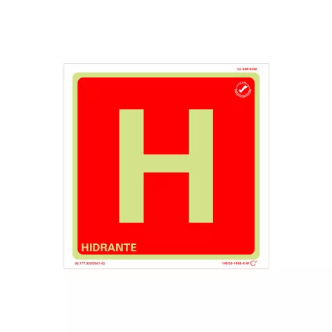 Placa de sinalização hidrante fotoluminescente com fundo vermelho e letra H em destaque