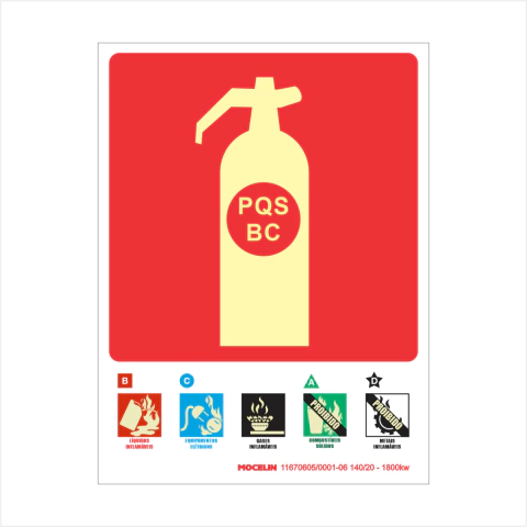 Placa de sinalização fotoluminescente para extintor de pó BC, com imagens de combate a incêndios e informações de segurança.